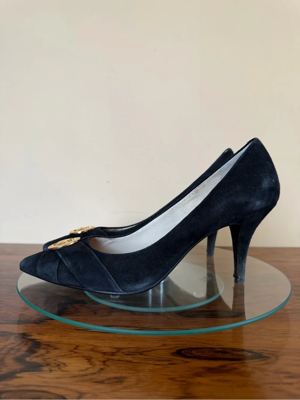 Michael Kors Caroline Black Suede Gold MK Logo Medallion Pointed Toe Pumps 9.5